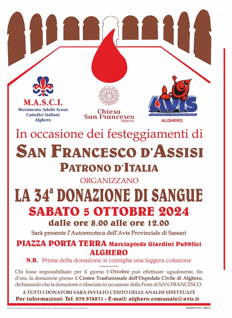 Raccolta di sangue ad Alghero in occasione di San Francesco: l’Avis e il M.A.S.C.I. invitano alla solidarietà